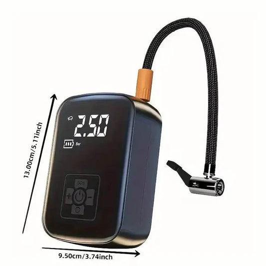 Wireless car air compressor inflating a car tire – portable electric tire pump for cars, bikes, and sports gear