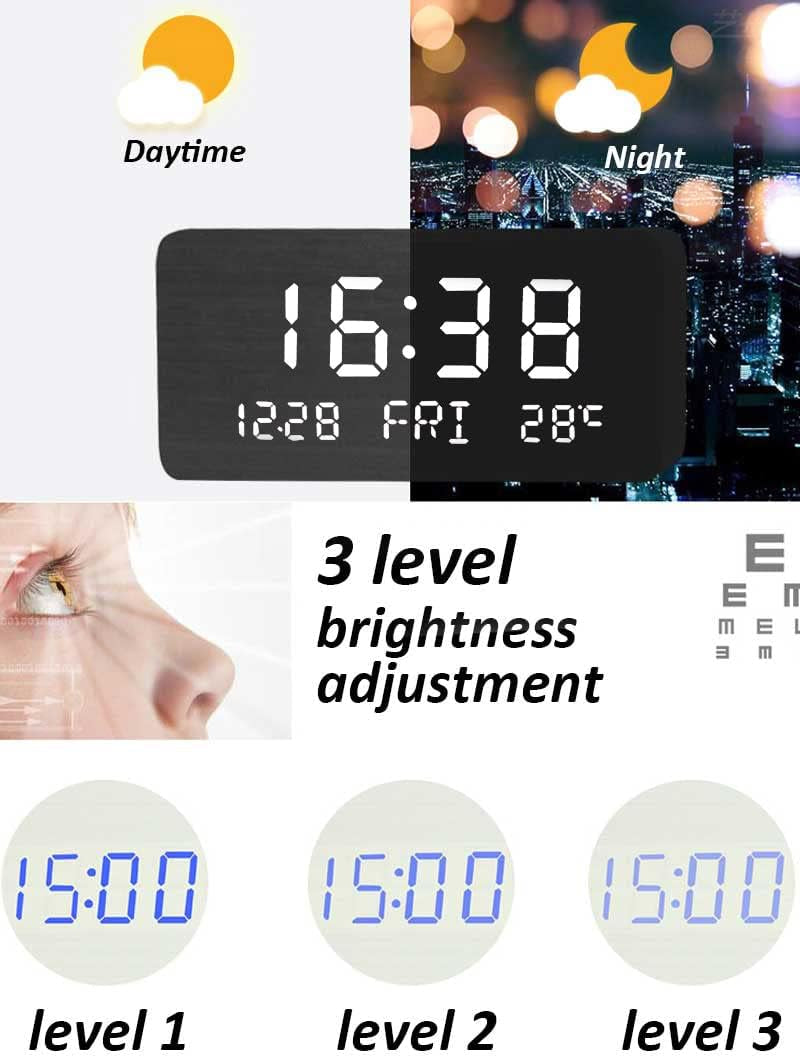 LED Wooden Digital Alarm Clock,Bedside Clock,Creative Luminous Clock,Living Room,Stylish Simple Table Clock (Black)