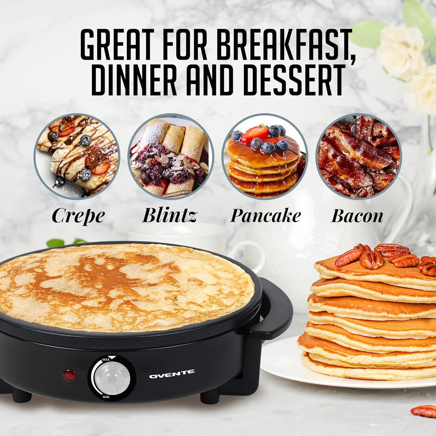 Electric Crepe Maker and Pancake Griddle Cooktop with 12" Nonstick Hot Plate, Black CRM1122B